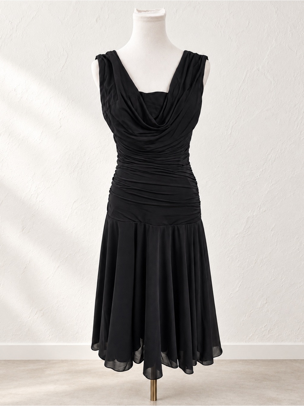 Vintage Le Château Black Ruched Cowl Neck Midi Dress Y2K Cocktail Evening M